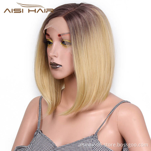 Aisi Hair Short Bob Ombre Blonde Dark Root Wig Silky Straight Front Lace Wig Cosplay Lace Front Hair Wigs For Black White Women